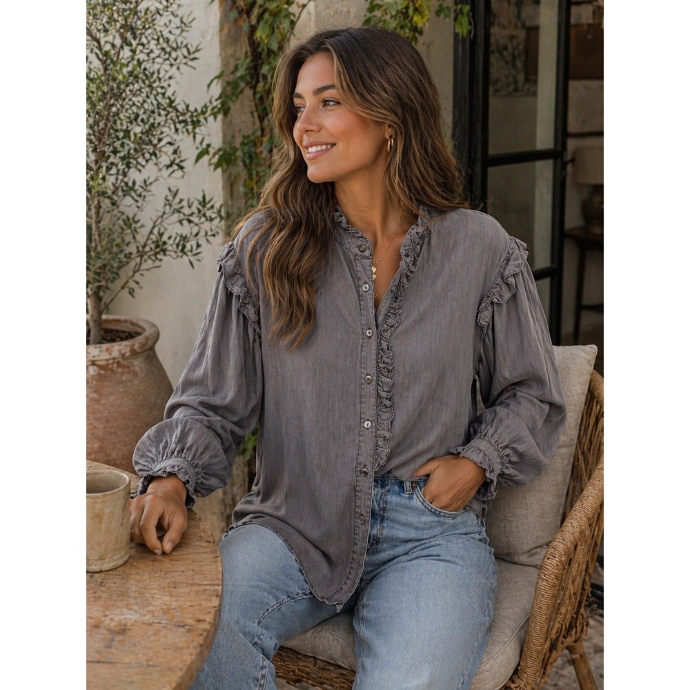 Rebecca Minkoff Button Up Poet Top XS Gray Ruffle Trim Tencel Pleated Victorian